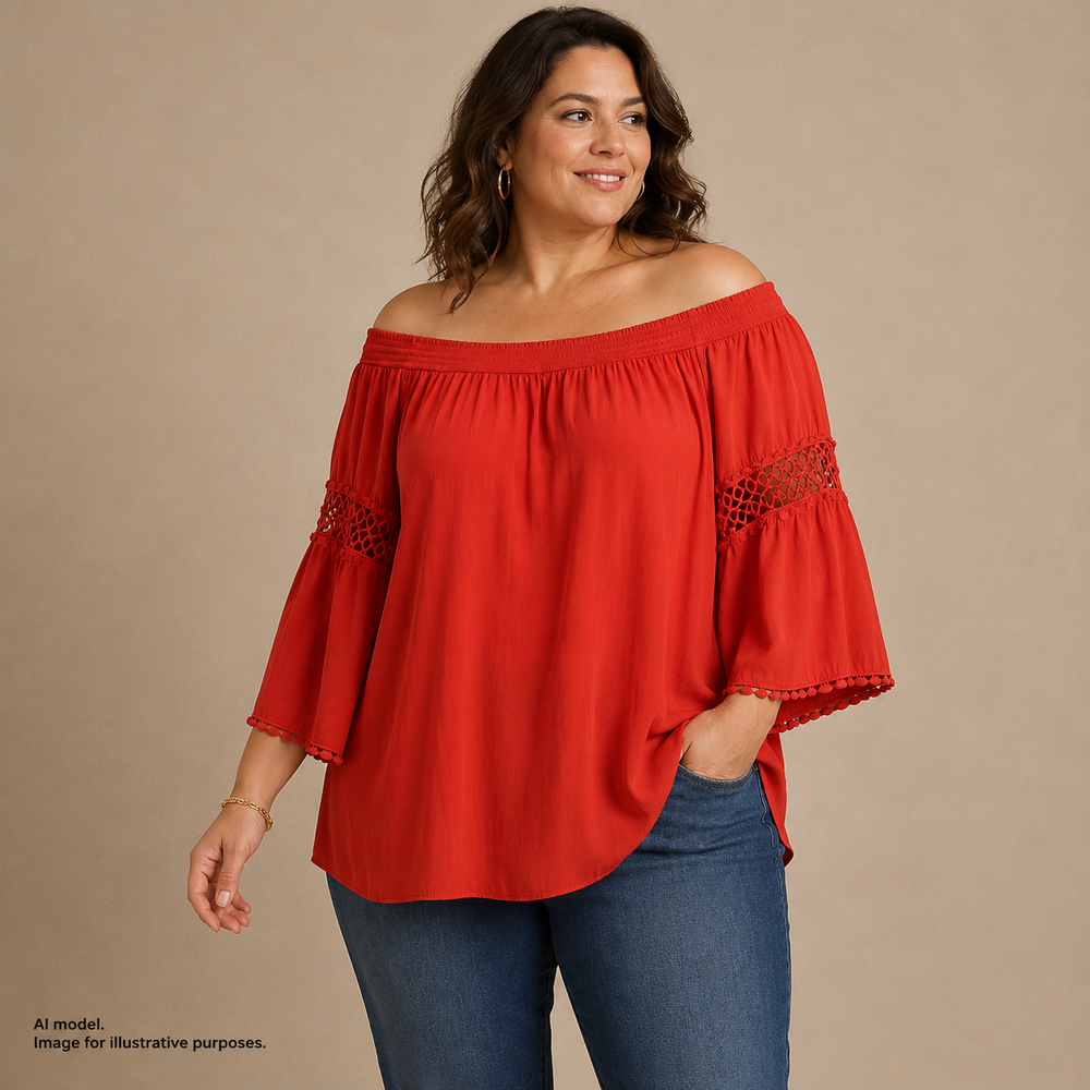 Chicos 3 Top Womens XL Runway Red Off Shoulder Smocked Crochet Lace Boho TAGS!
